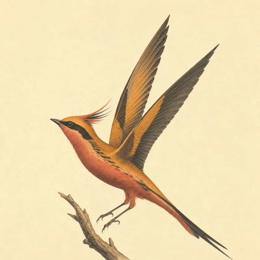 Painted specimen plate: a streamlined amber and rose swift-like bird caught mid-launch, body arched into a steep upward curve.