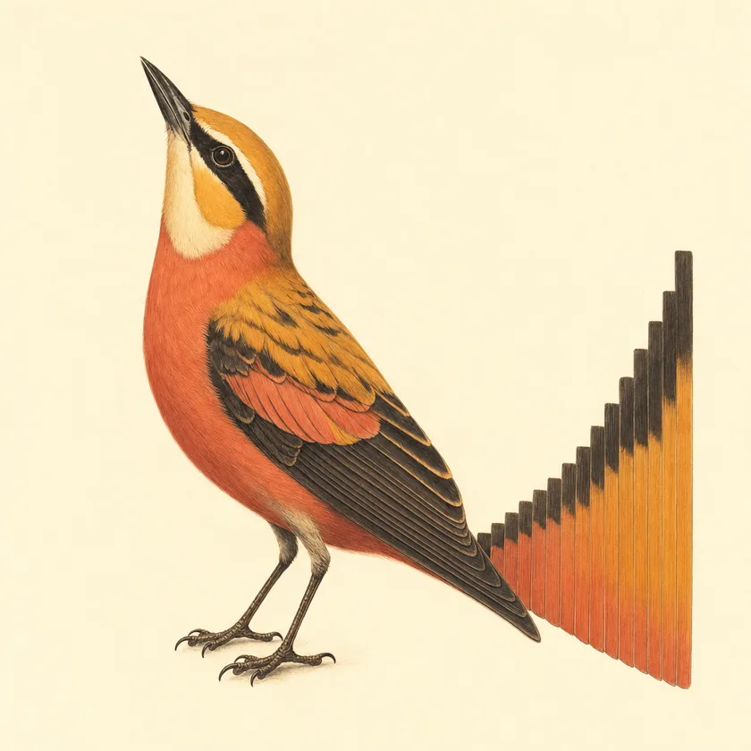 Painted specimen plate: an angular amber bird with tail feathers graduated in stepped lengths like a staircase, head tilted back.