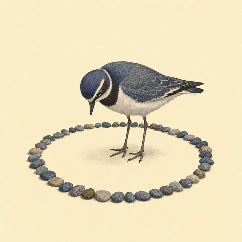 Painted specimen plate: an indigo plover standing at the exact center of a neat complete ring of small pebbles, looking down at the ring.