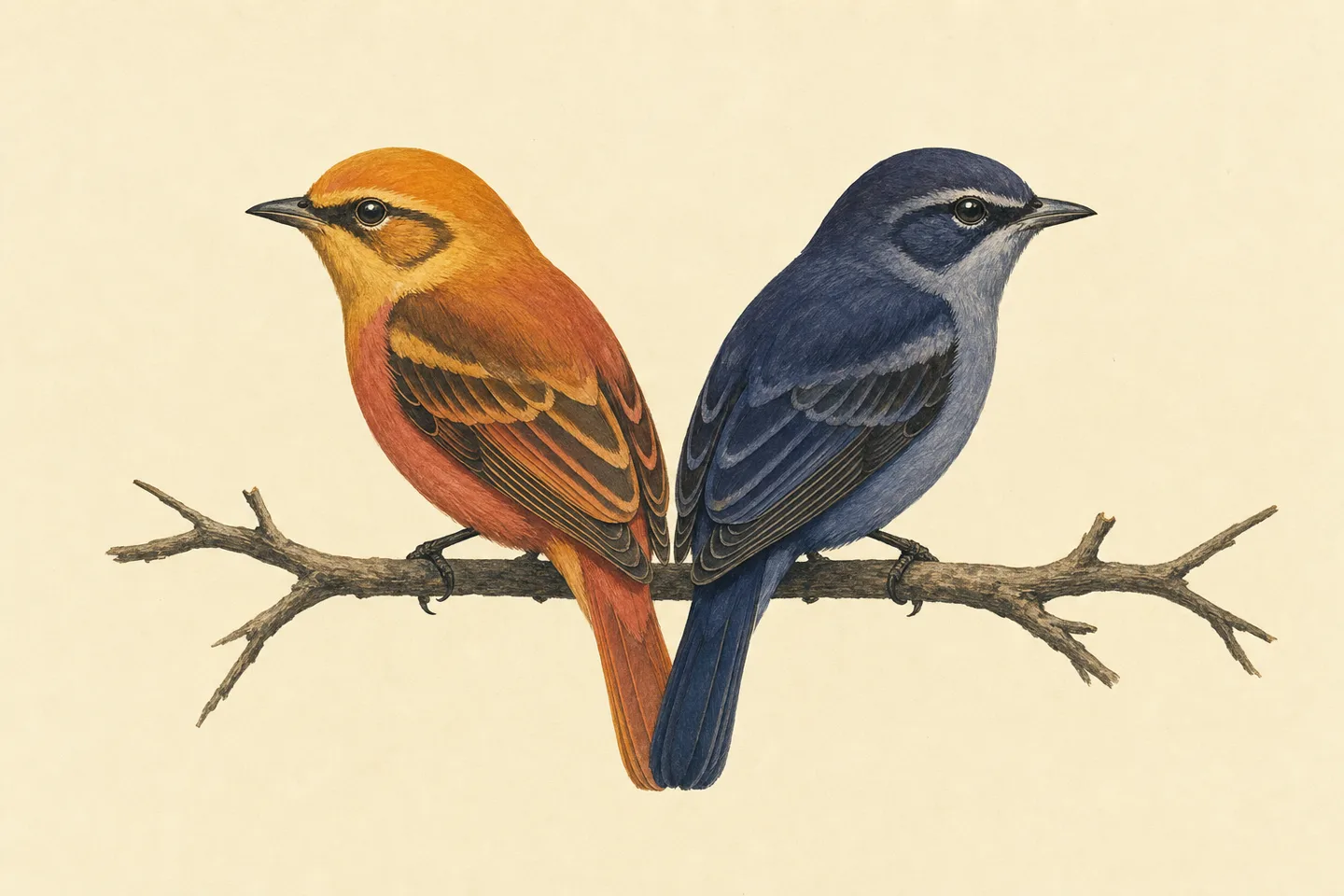 Painted plate of two birds with identical silhouettes perched back to back on one branch at dawn — one amber and rose, facing the bright horizon; one indigo and slate, facing the receding night.