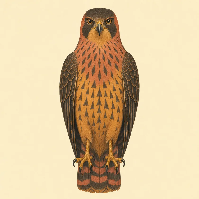 Painted specimen plate: a stern hawk-like bird in amber and rose standing perfectly vertical, wings folded, gazing level at the viewer.