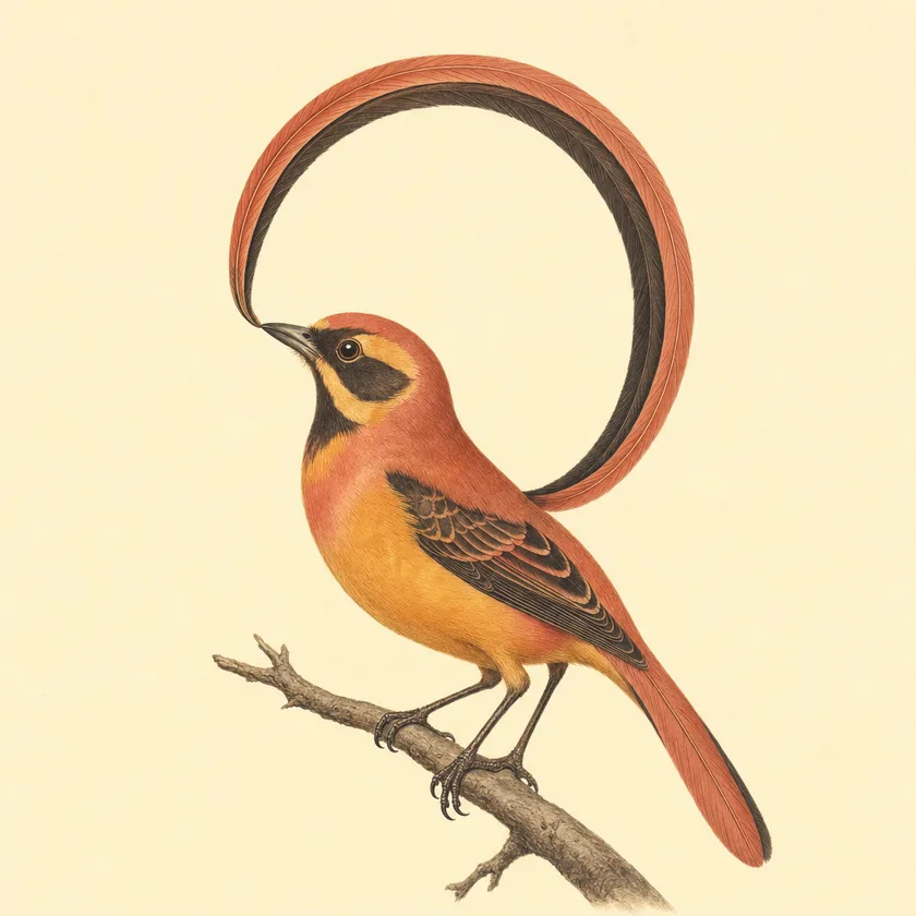 Painted specimen plate: a dignified amber and rose bird whose long tail curls up and over its head in one perfect closed loop.