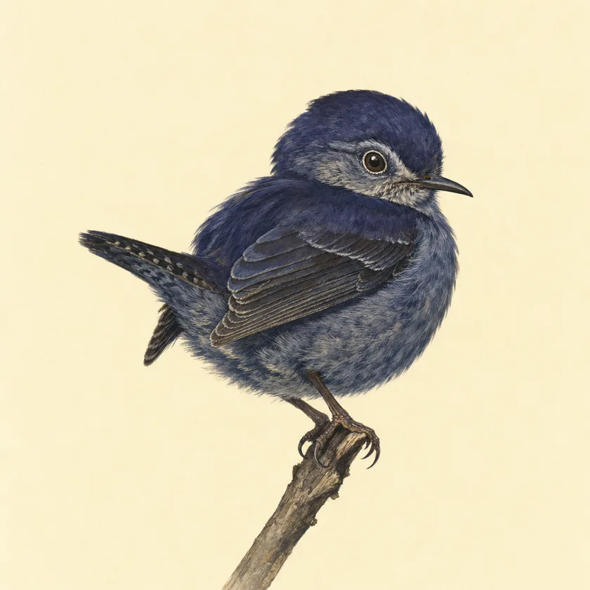 Painted specimen plate: a small plump indigo wren with ruffled feathers, head swiveled fully over its shoulder, one wide alert eye.
