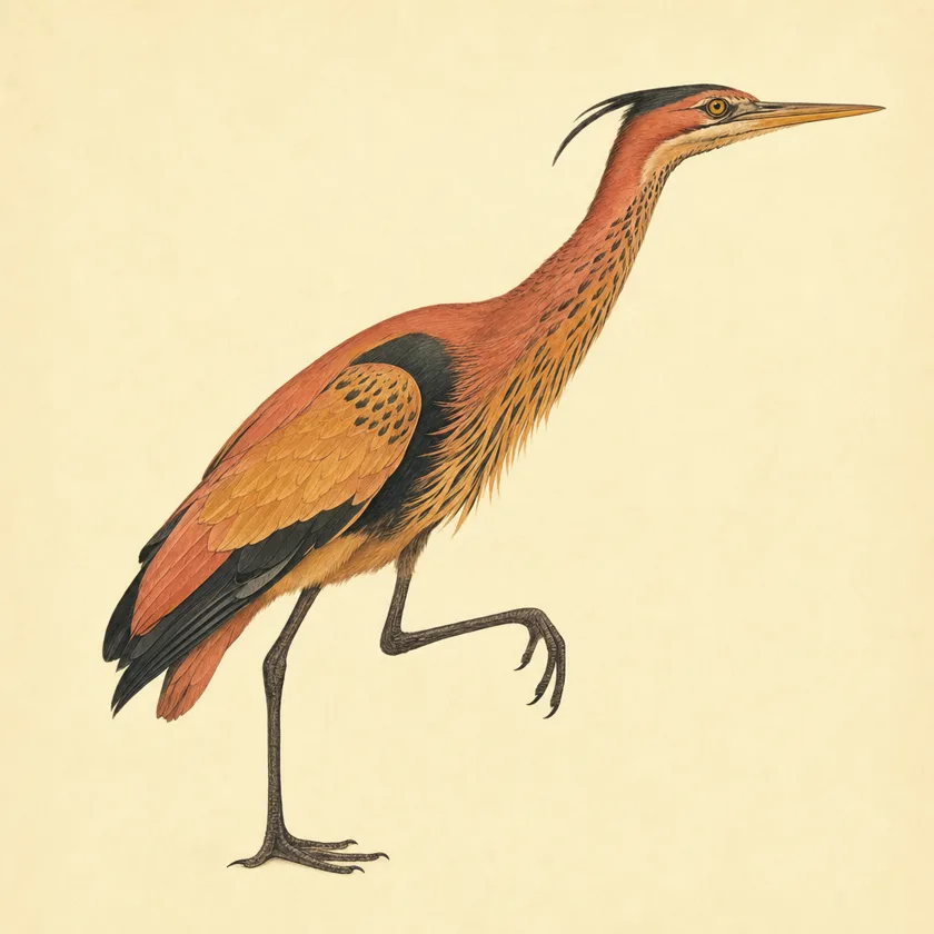 Painted specimen plate: an upright amber heron-like bird frozen mid-step, one leg raised, neck craned at the horizon.