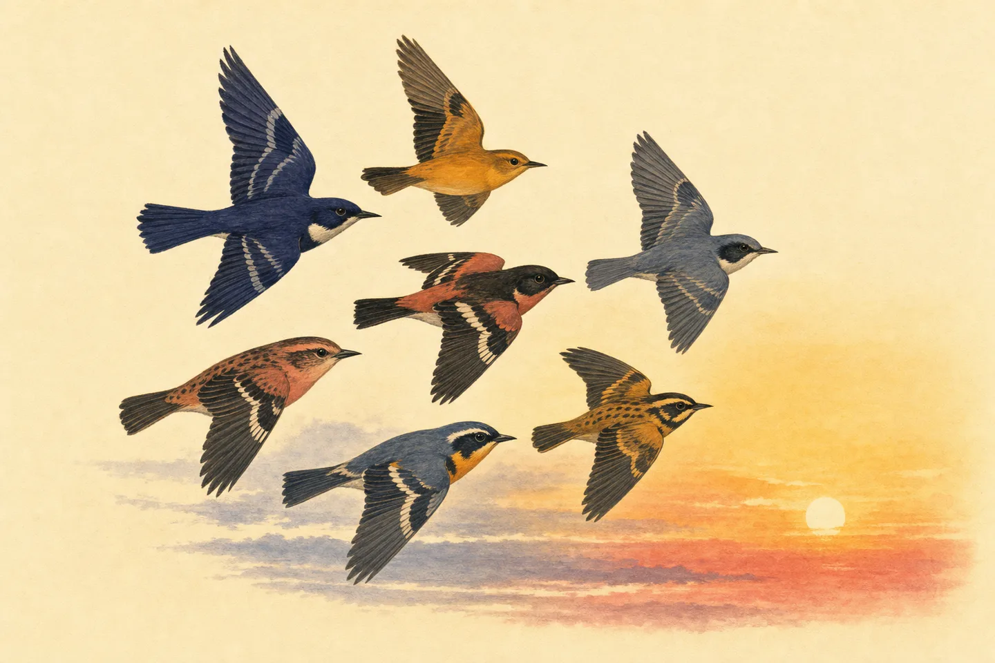 Painted plate: a small mixed flock of amber, rose, indigo and slate birds flying together in loose formation toward a rising sun.