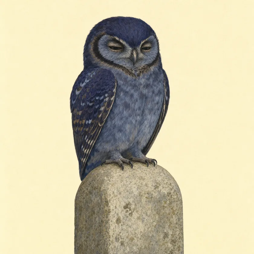Painted specimen plate: a small indigo owl holding perfectly still, wings folded tight, eyes half closed, feet planted on a milestone-shaped stone.