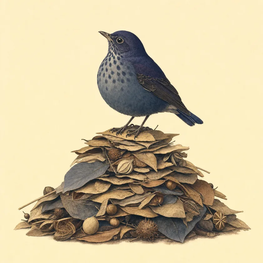 Painted specimen plate: a round slate-blue thrush perched atop an immaculately tidy stack of leaves and seed pods, gazing away from it.