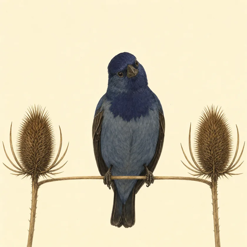 Painted specimen plate: a slate-grey finch perched precisely midway between two identical seed heads, head cocked, angled toward neither.